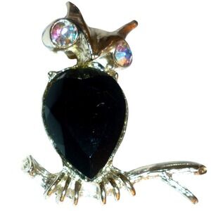 Vintage Mid Century Black Rhinestone Owl Brooch AB Eyes Gold Tone 1.5"